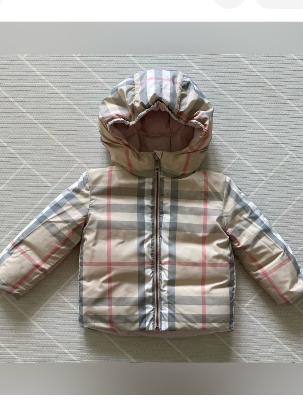 Burberry reversible pink/ checkered puffer jacket baby size 24M